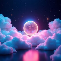 Glowing celestial orb above pastel clouds reflecting in water moon planet