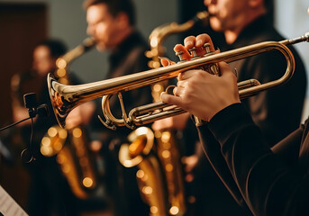 Fototapeta premium Jazz musicians playing trumpets and saxophones in a band