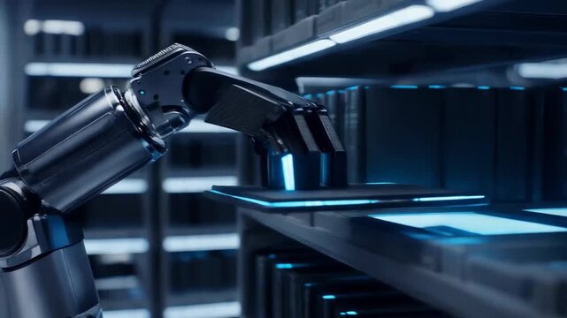 Robotic Arm and Tech: A futuristic view of a robotic arm in action, reaching for a sleek technological device, with an emphasis on technology and innovation. 