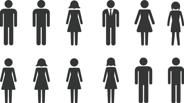 Silhouette icons of diverse people, men and women figures, black silhouettes, diversity illustration, demographic symbols, gender representation, population graphics