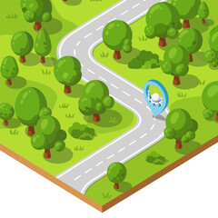 Winding isometric road navigates through a lush green landscape with trees