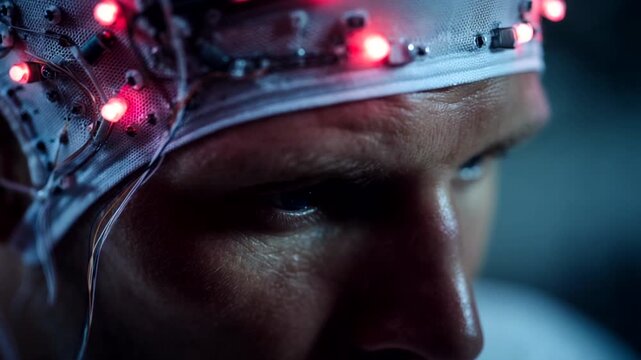 Close up of a person wearing a brainwave monitoring cap with red lights.
