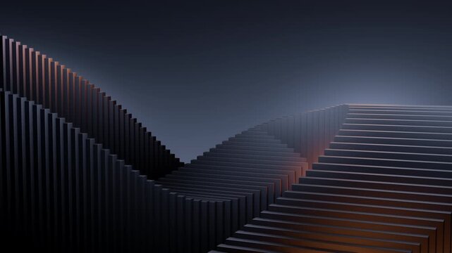 Dark abstract geometric wave background featuring vertical pillars. Moody orange highlights create depth. Seamless looped motion for professional backdrop, texture, wallpaper.