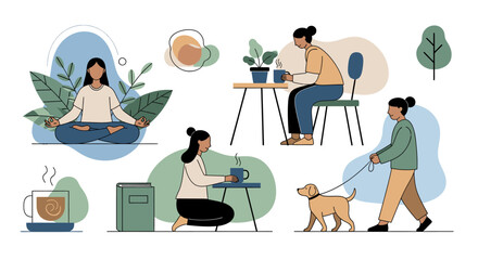 Fototapeta na wymiar People engaging in various leisure activities at home and outdoors with pets and coffee