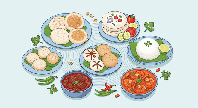 Colorful Illustration of Traditional South Indian Dishes