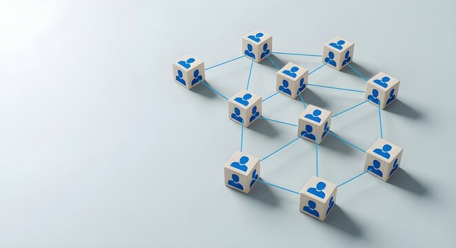 Organizational network structure with connected people icons on wooden blocks, showing team collaboration, stakeholder mapping, social graph, and business communication on a light background.