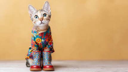 Cute kitten wearing a vibrant patterned ensemble and small rain boots, playfully perched on a hardwood floor