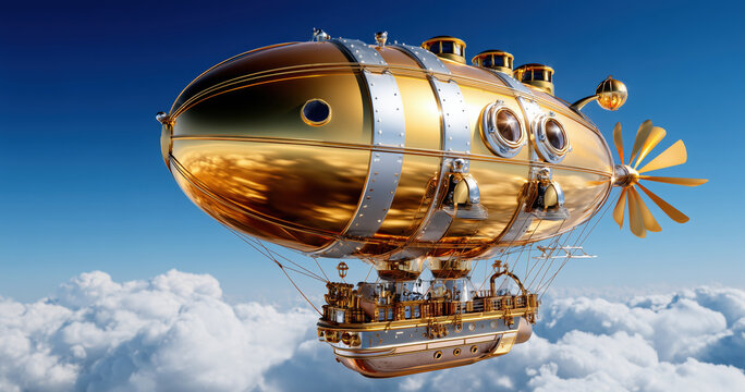 Golden steampunk dirigible flying above white clouds