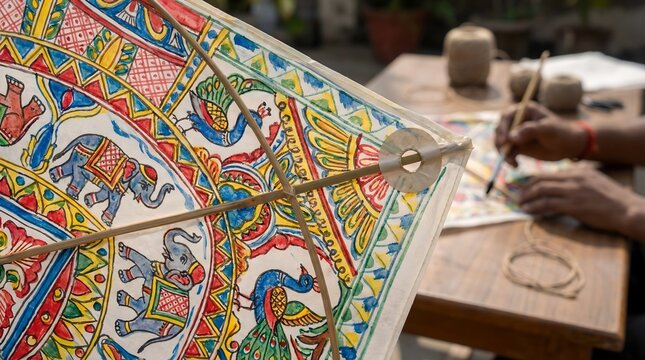 Artisan crafting a colorful kite with traditional designs in an outdoor workshop
