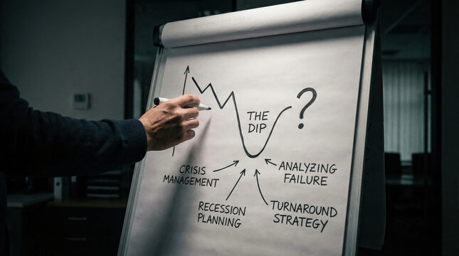 Serious business hand drawing crisis management graph on office flipchart analyzing failure with recession planning for financial turnaround strategy success