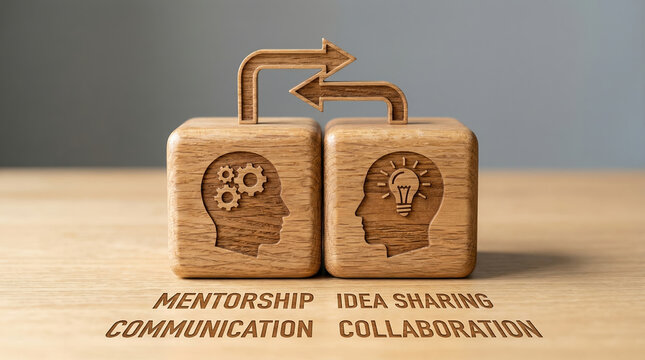 Wooden cubes showing mentorship concept with gear and lightbulb icons exchanging ideas. Positive collaboration on table represents knowledge transfer and strategic communication between partners
