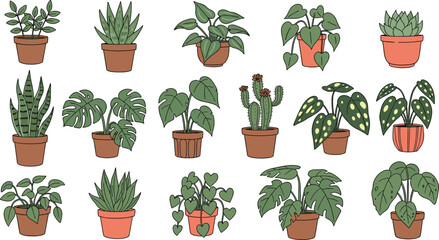 Indoor Potted Houseplants Collection Set with Monstera Cactus Philodendron and Tropical Plants Illustration © MdRaisul