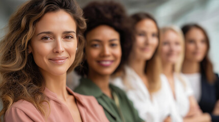 Obraz premium Diverse confident businesswomen standing together, professional female collective, corporate women empowerment, multicultural business women, defocused office background, with copy space