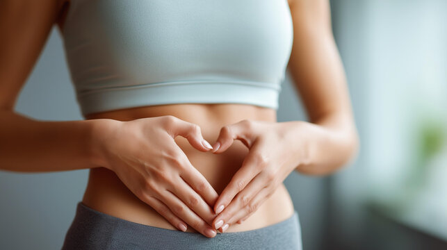 Fitness heart hands woman in gym with belly, gut health and inspiration for body goals, sport stomach athlete, weight loss digestion support in wellness routine, defocused background, with copy