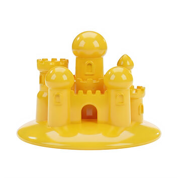 Creative golden sandcastle with intricate castle-like architectural details on a base. isolated on transparent background
