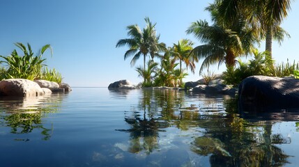 Obraz premium Tropical Paradise - Serene Infinity Pool with Palm Trees and Ocean View.