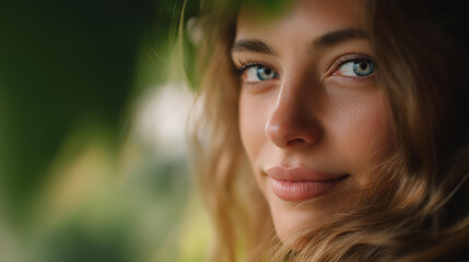 Naklejka premium Portrait close-up of beautiful Caucasian woman outdoors, natural setting feminine portrait, outdoor female presence, natural light photography, confident outdoor display, defocused nature