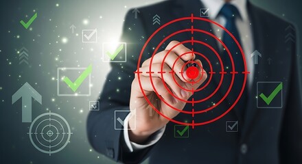 Fototapeta premium Businessman interacting with futuristic digital interface touching red target with finger