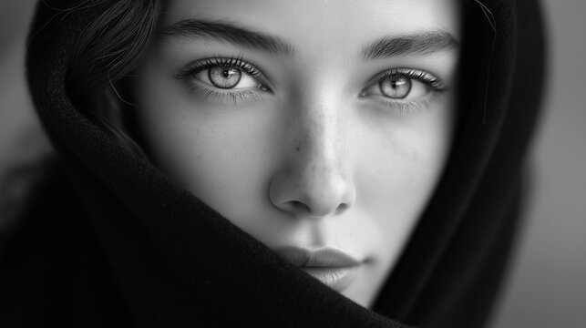Woman face with deep eyes portrait, black and white photo session in Arabic style, monochrome deep strong eyes, intense feminine gaze, artistic portrait display, defocused background, with copy