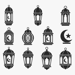 A set of Ramadan lantern silhouettes with a white background.