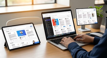 A person uses a laptop, tablet, and monitor displaying a website interface, at a desk