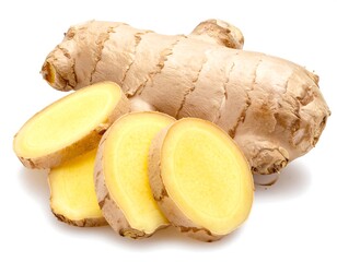 Close-up of a ginger root and slices against a white backdrop, emphasizing textures and warm yellow hues