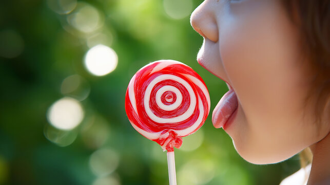 Child enjoying a red and white spiral lollipop outdoors, tasting sweet candy with tongue out against green bokeh