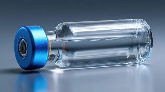 High-Quality Clear Glass Syringe Vial with Plastic Cap against a Blue Background