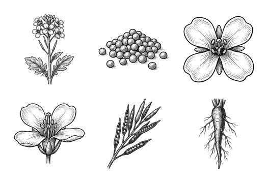 Vintage botanical engraving of mustard plant components including flowers seeds pods and root system in a classic line art style.