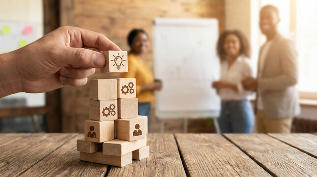 Hand placing wooden block with idea icon on structure representing business strategy concept. Happy diversity team in background office symbolizes successful management development innovation plan