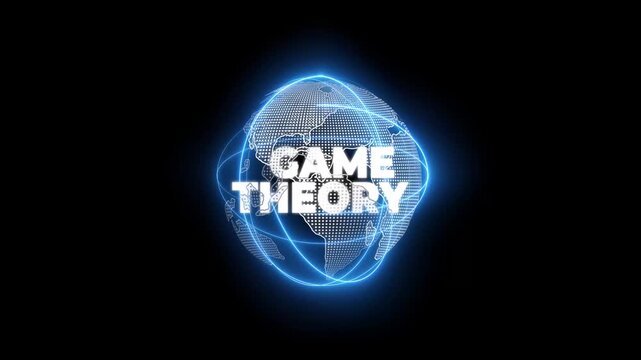 activate a conceptual holographic text Game theory. Businessman in a suit with a hologram of planet Earth on a background of a futuristic wireframe city