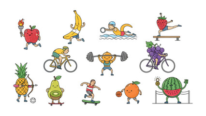 Obraz premium Sports Fruit Illustration: Vibrant illustrations of fruits as athletes, showcasing a dynamic mix of sporting activities.