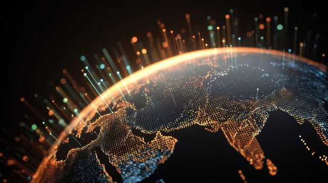 Global digital network globe, glowing data connections, world map, technology, innovation, communication, futuristic energy vibe