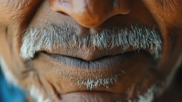 Extreme close-up of an elderly man with a grey mustache smiling and showing his yellow teeth