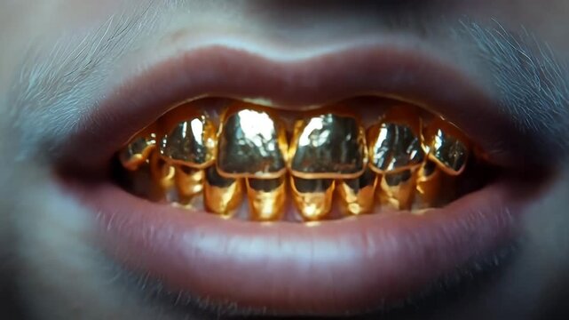 Extreme close-up of a mouth with shiny golden teeth covers, showing off wealth and hip-hop style