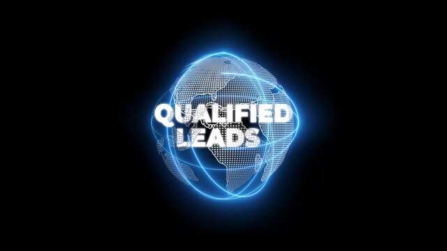 activate a conceptual holographic text Qualified leads. Businessman in a suit with a hologram of planet Earth on a background of a futuristic wireframe city