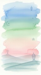 Soft watercolor wash features celestial elements and traditional lanterns above rolling landscape