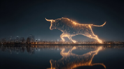Strong economy bull city skyline night glowing light sparks reflection
