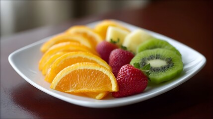 A vibrant platter of fresh sliced fruits including oranges kiwi strawberries and pine  artfully arranged on a white plate