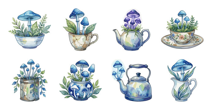Blue Mushroom Sticker Set in Vintage Teapots