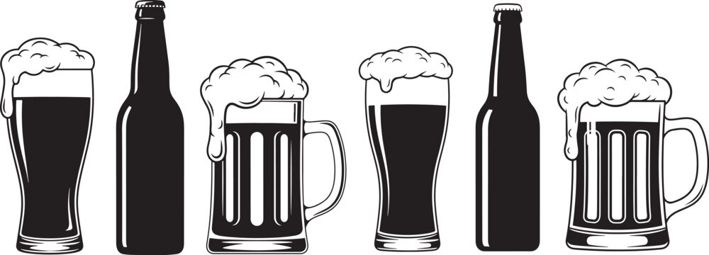 Beer silhouette bottle and glass refreshment mug