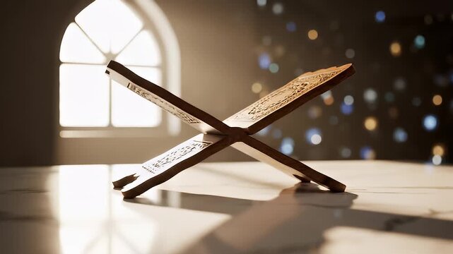 Wooden Quran stand on marble table with sunlight and bokeh background in peaceful setting