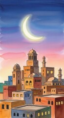 Obraz premium Watercolor painting depicts a crescent moon illuminating an ancient cityscape at twilight