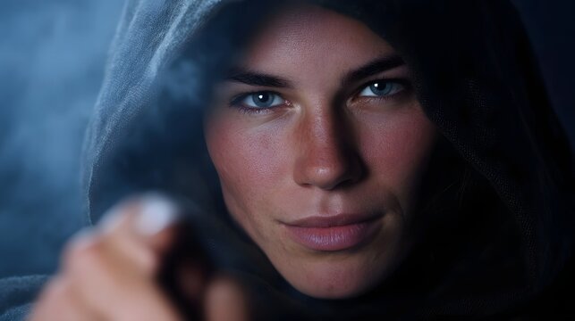 A mysterious hooded figure makes direct eye contact and points forward with a determined expression in a smoky high contrast portrait