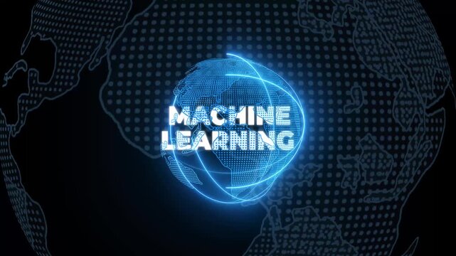 activate a conceptual holographic text Machine Learning. Businessman in a suit with a hologram of planet Earth on a background of a futuristic wireframe city