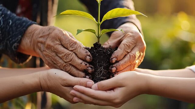 Generations planting a sapling together, symbolizing growth, nature, and continuity