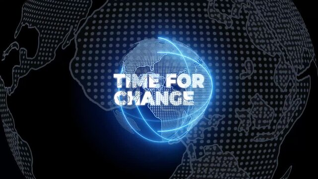activate a conceptual holographic text Time for change. Businessman in a suit with a hologram of planet Earth on a background of a futuristic wireframe city