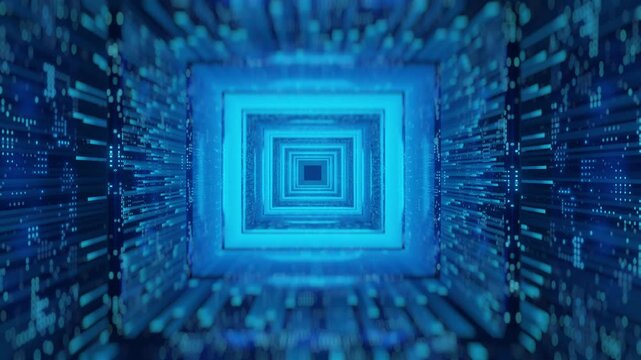 3D render Abstract blue futuristic high-tech square tunnel seamless loop. Digital data stream cyber space background. Ideal for technology, sci-fi, network, internet motion graphics.