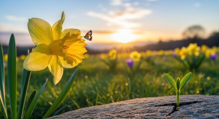 A yellow daffodil with a butterfly on it, set against a blurred background of more daffodils and a sunset. © sambath