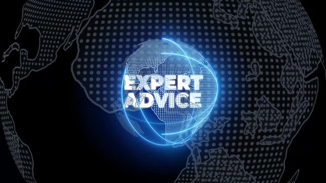 activate a conceptual holographic text Expert Advice. Businessman in a suit with a hologram of planet Earth on a background of a futuristic wireframe city
